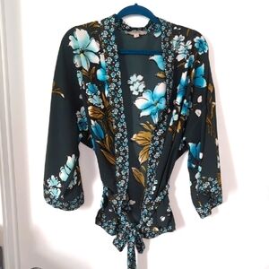 Loft Green Floral Kimono with Tie Waist Size Small